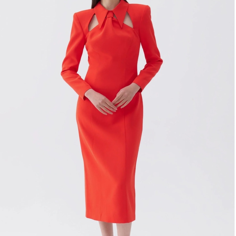 Tie Neck Midi Dress with Shoulder Pad